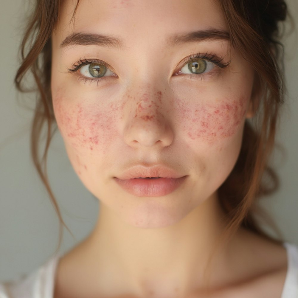 Illustrative portrait showing freckles across the cheeks.